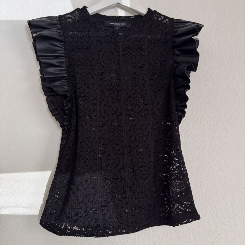 NWT Marc NY Black Lace Top Women Sz S Stretch Faux Leather Ruffle Whimsygoth - Picture 11 of 12